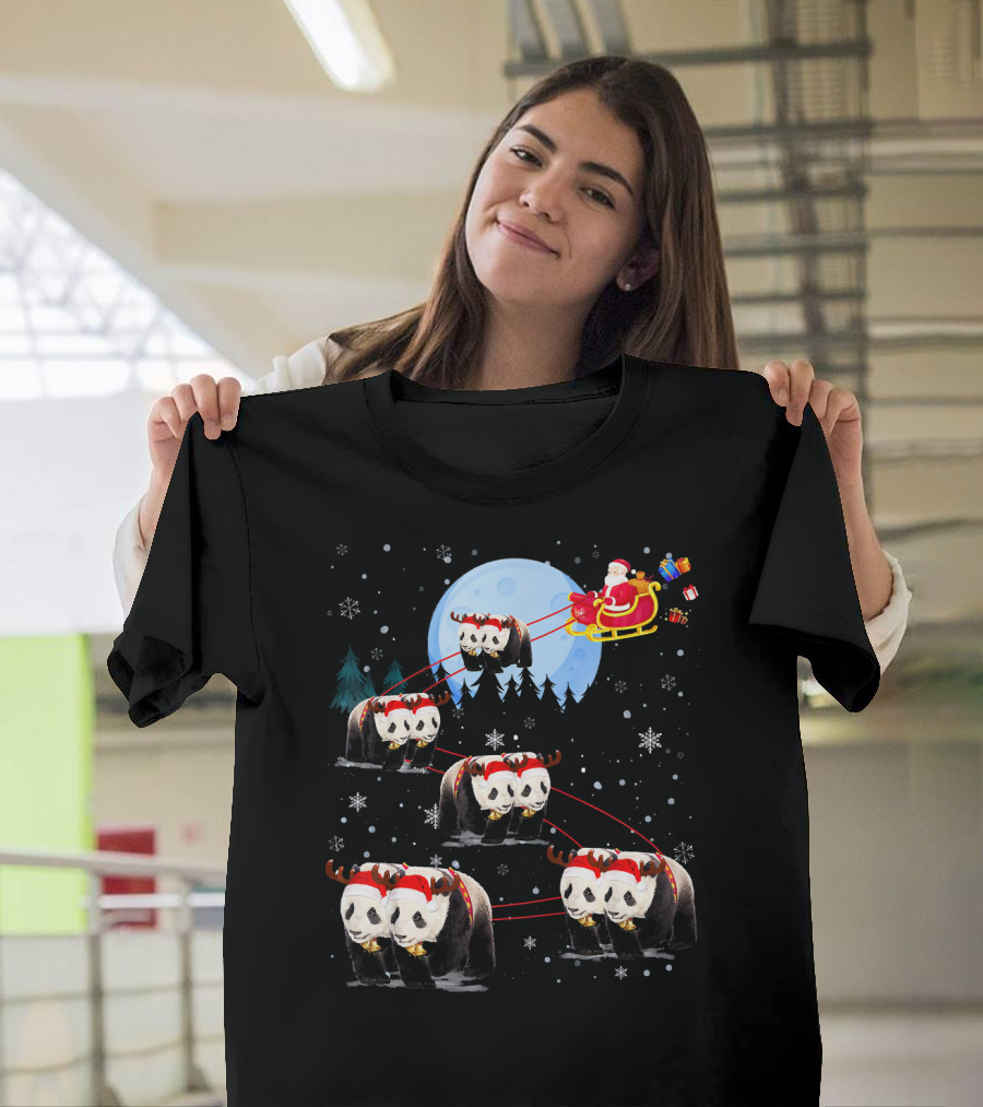 Panda Reindeer Santa Claus Sleigh Under Moonlight with Gifts T-Shirt