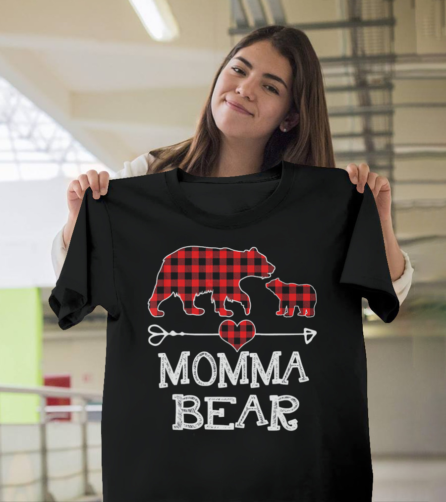 Momma Bear Red Plaid Heart Arrow Christmas T-Shirt