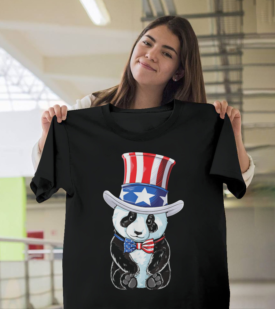 Panda in Uncle Sam Hat with USA Bow Tie for 4th of July T-Shirt