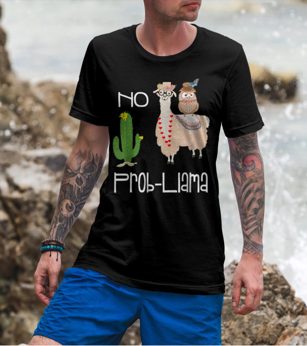 No Prob Llama Owl In Hat With Cactus And Hearts T-Shirt
