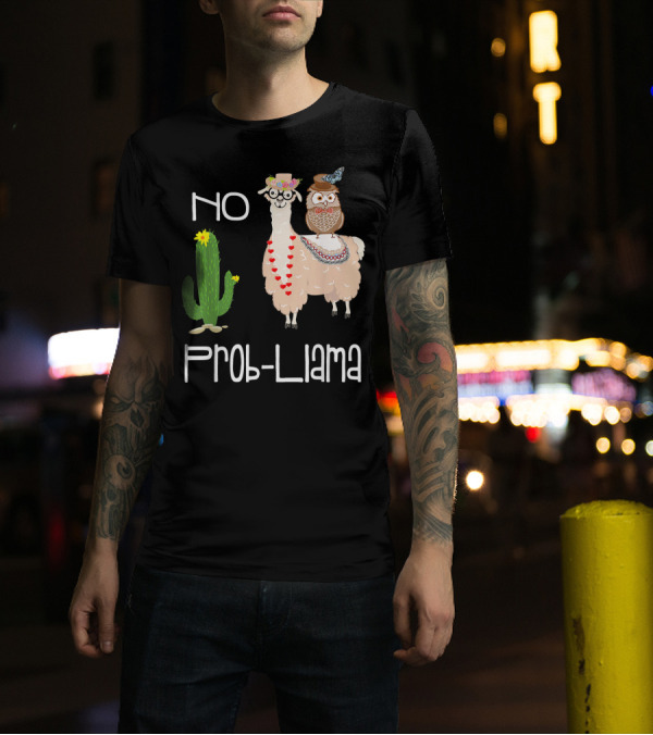 No Prob Llama Owl In Hat With Cactus And Hearts T-Shirt