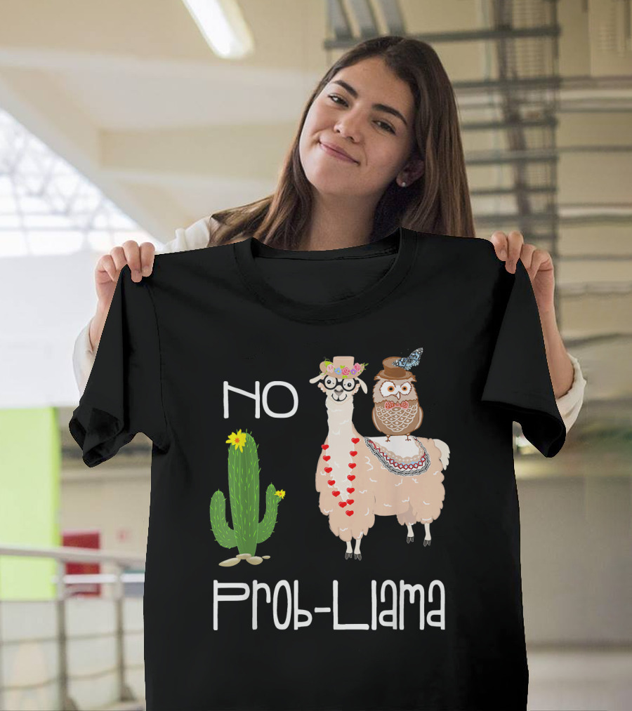 No Prob Llama Owl in Hat with Cactus and Hearts T-Shirt