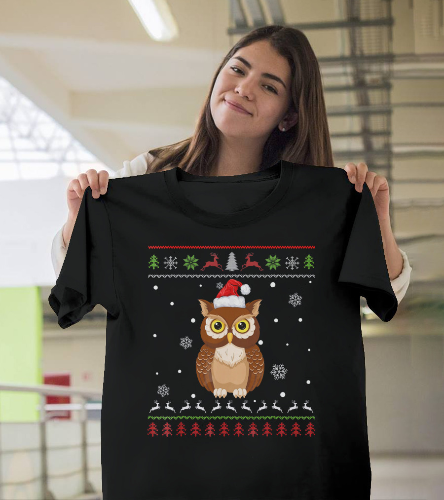 Owl Christmas Santa Hat Snowflakes Reindeer Trees Matching Family Group T-Shirt