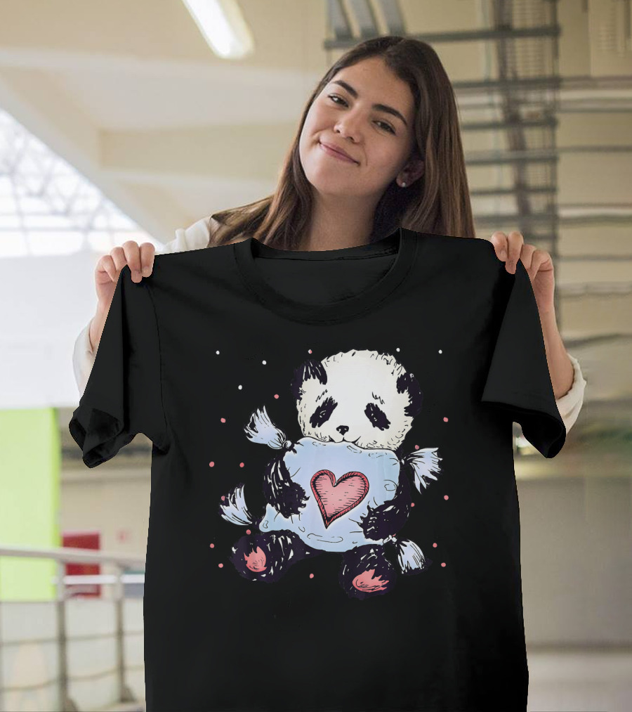 Panda Hugging Heart Pillow Valentine Love T-Shirt