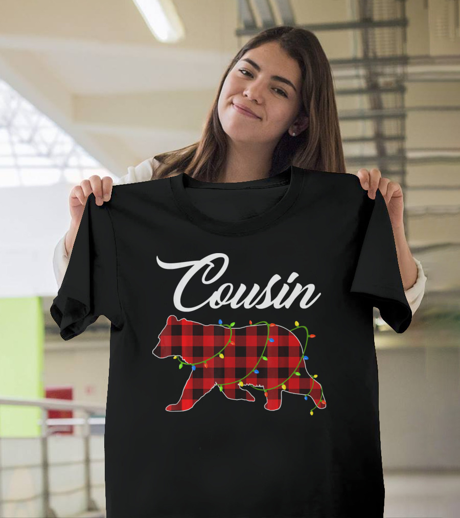 Cousin Red Plaid Bear with Holiday Lights Buffalo Matching T-Shirt