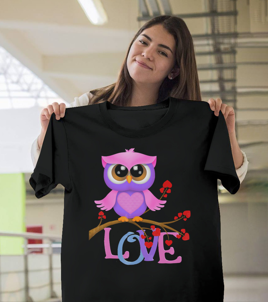 Pink Purple Owl with Hearts and Love Text T-Shirt