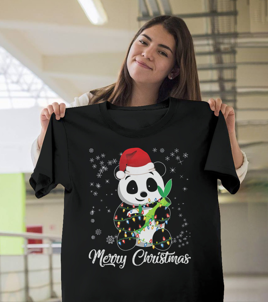 Merry Christmas Panda Santa with Festive Lights and Snowflakes T-Shirt