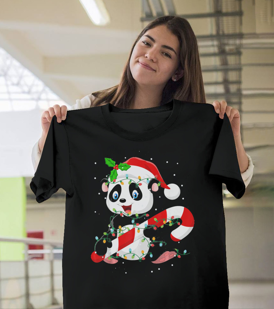 Panda Wrapped in Christmas Tree Lights with Santa Hat and Candy Cane T-Shirt