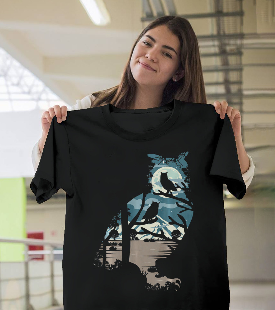 Owl Nature Mountain Moon Night Silhouette Scene T-Shirt