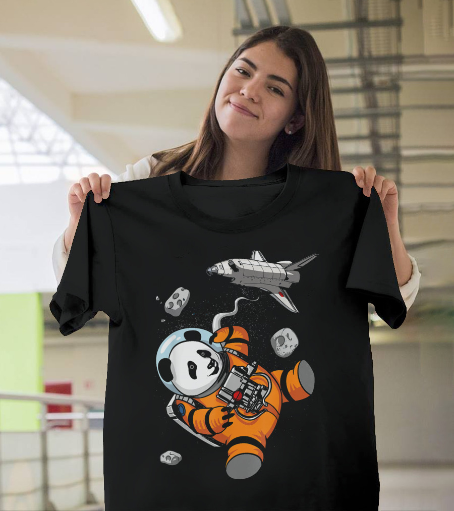 Panda Bear Astronaut in Space with Shuttle Floating Amidst Cosmic Rocks T-Shirt