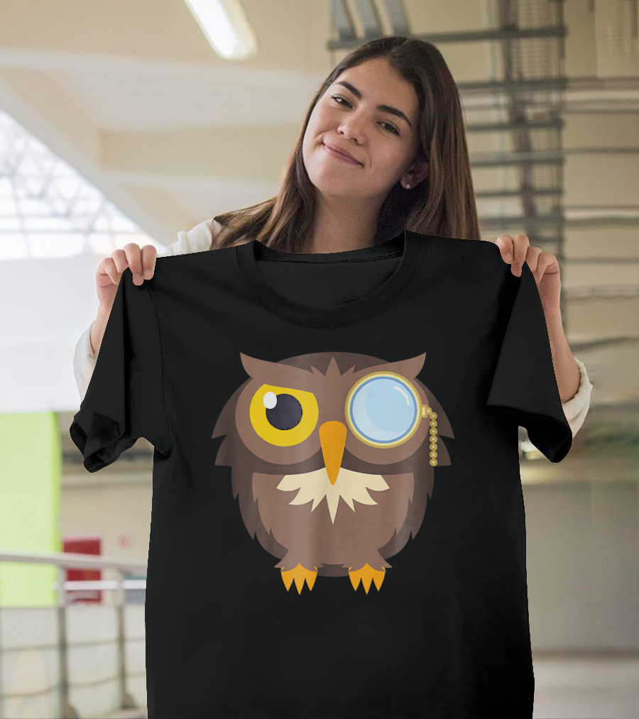 Monocle Owl Emoji Cute Smiley Brown Bird With Yellow Eyes and Blue Lens T-Shirt