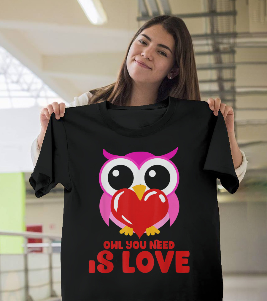 Owl You Need Is Love Funny Cute Pink Owl Holding Red Heart T-Shirt