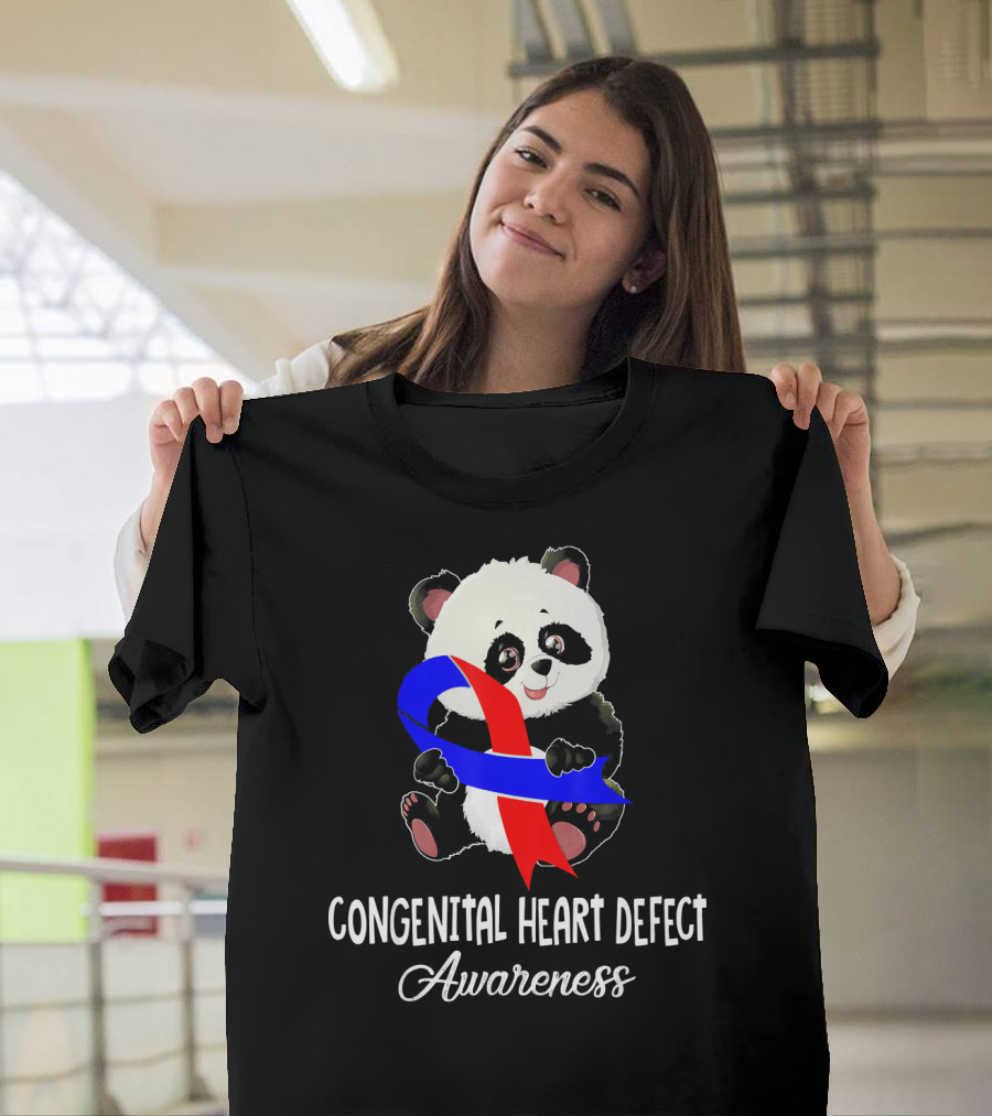 Panda with Red and Blue Ribbon Congenital Heart Defect Awareness T-Shirt