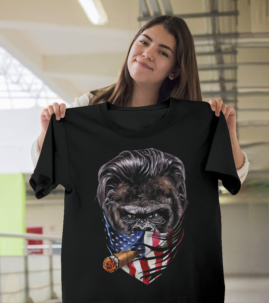 Slick Hair Gorilla with Cigar and American Flag Bandana USA Ame T-Shirt