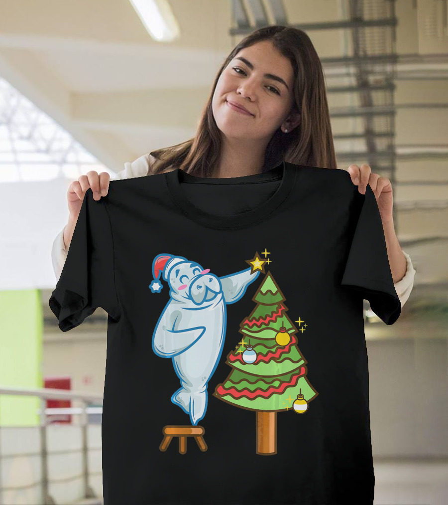 Santa Sea Cow Decorating Christmas Tree with Star Topper T-Shirt