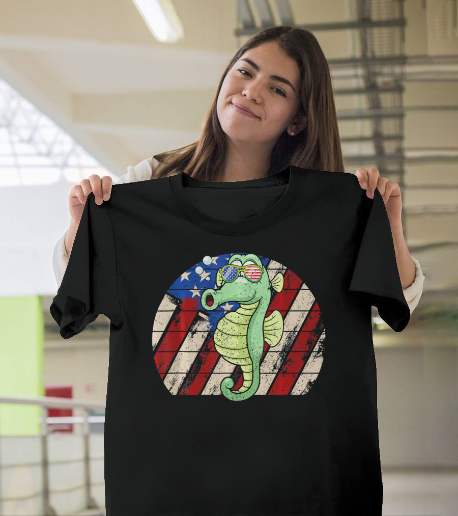 Seahorse Love Distressed American Flag Sunglasses U T-Shirt