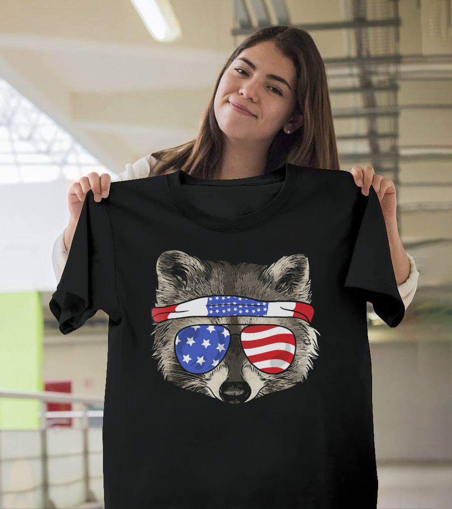 USA Patriotic Raccoon Stars and Stripes Sunglasses July T-Shirt