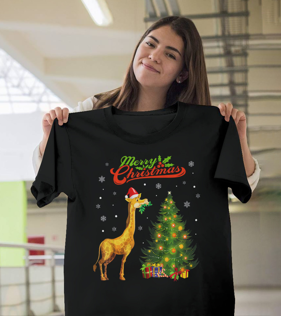 Merry Christmas Giraffe with Santa Hat, Festive Tree, and Snowflakes T-Shirt