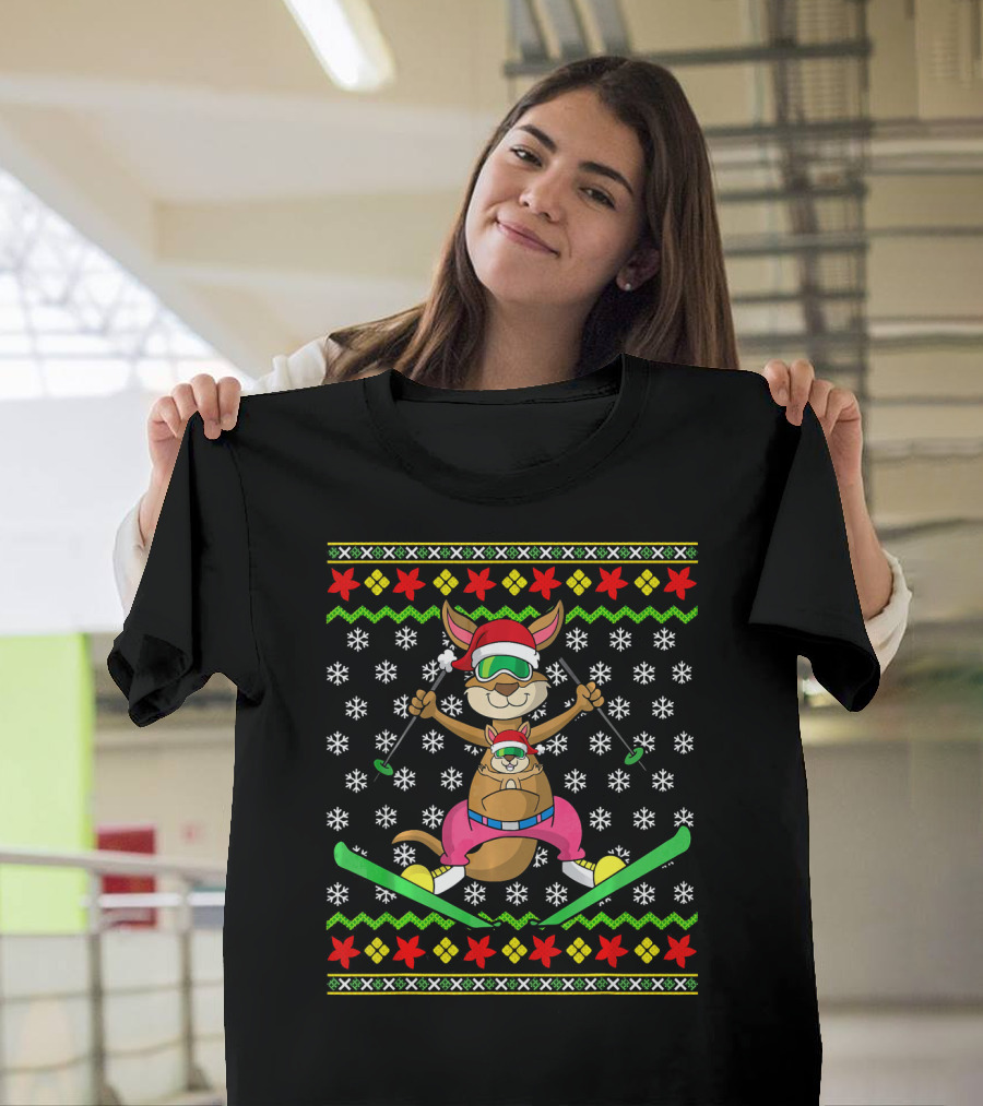 Skiing Kangaroo Snowflakes Christmas Ski Australia Australian T-Shirt