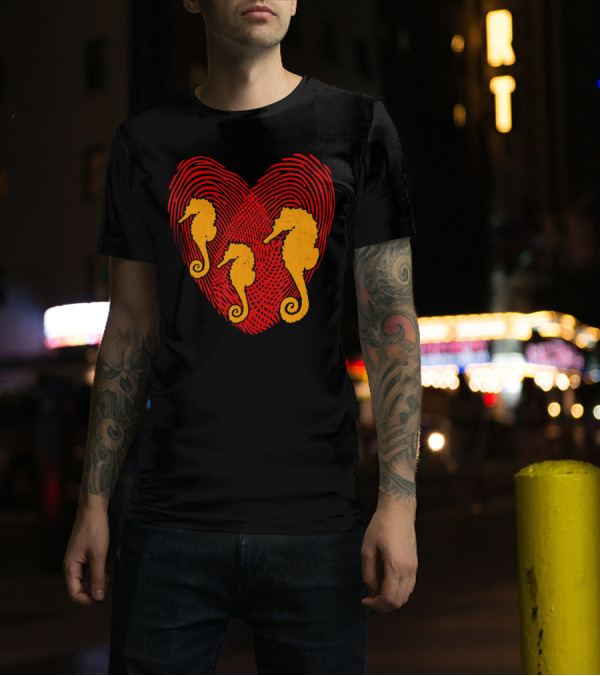 Valentines Day Seahorse Heart Love Valen Fingerprint T-Shirt