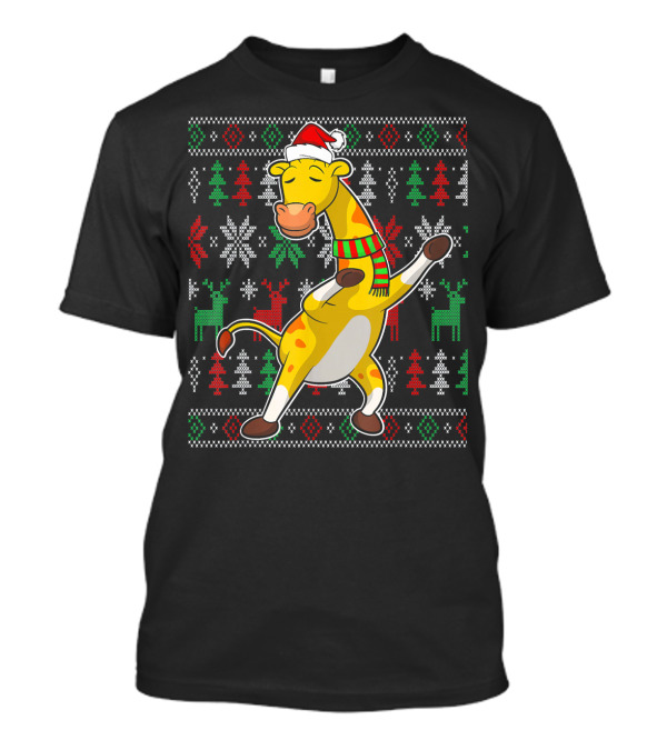 Ugly Christmas Dabbing Santa Hat Scarf Giraffe T-Shirt