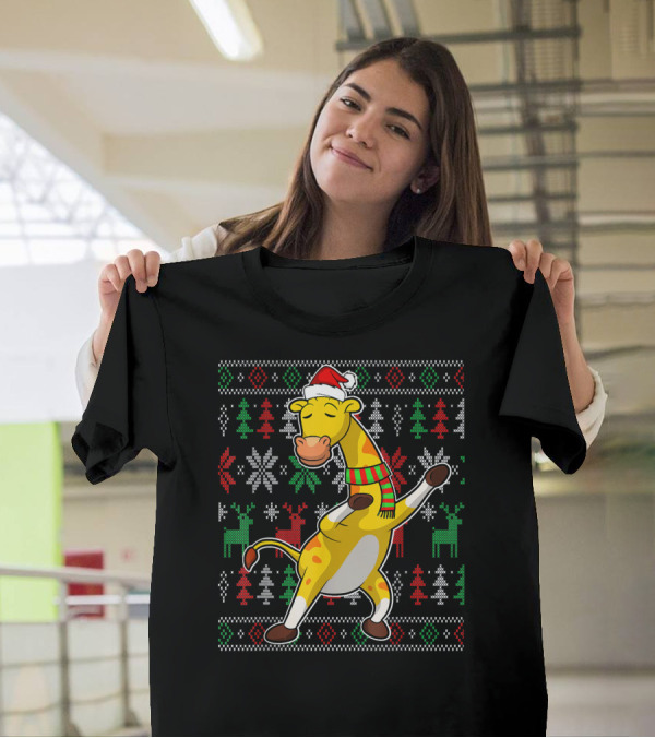 Ugly Christmas Dabbing Santa Hat Scarf Giraffe T-Shirt