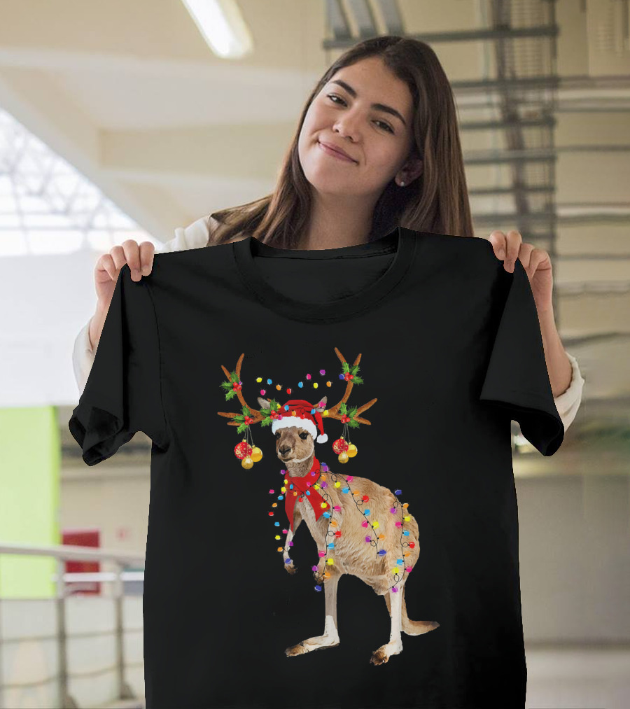 Kangaroo with Christmas Lights and Reindeer Antlers T-Shirt