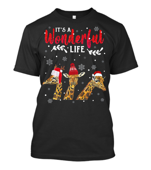 Tee89s Giraffe It's A Wonderful Life Christmas Snowflakes Santa Hats T-Shirt