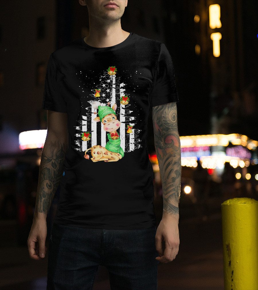 Tee89s Festive Giraffe In Christmas Tree With Bells And Stars T-Shirt