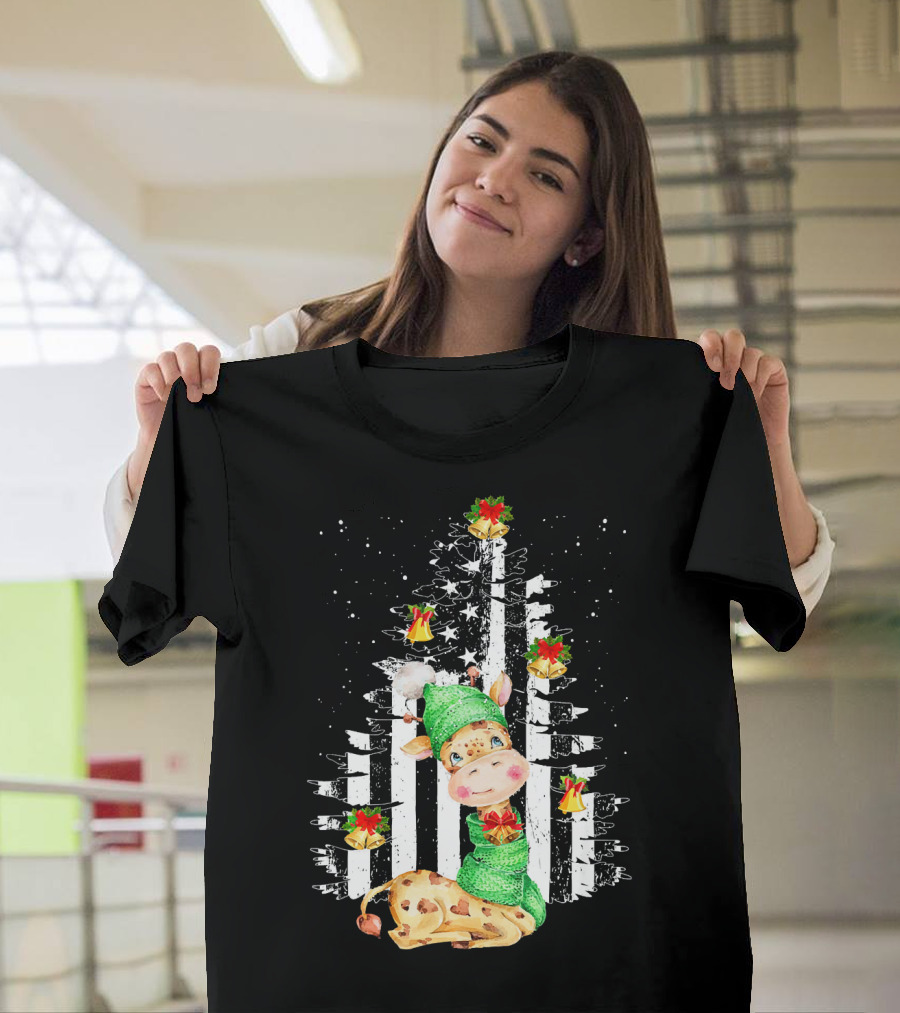 Tee89s Festive Giraffe In Christmas Tree With Bells And Stars T-Shirt