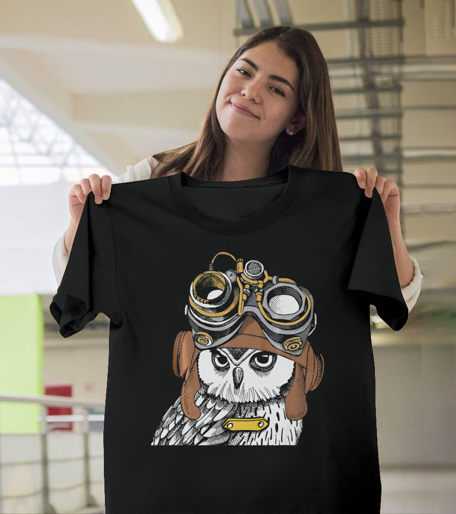 Steampunk Style Owl Wearing Vintage Pilot Helmet and Goggles T-Shirt