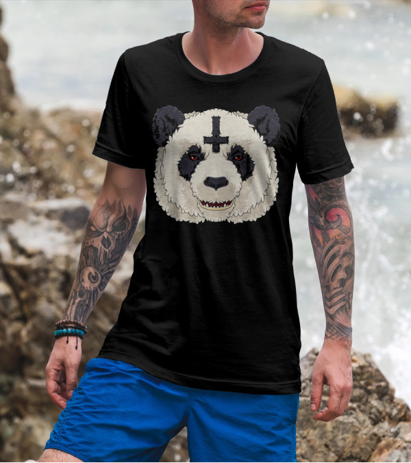 Satanic Panda Death Metal Satan Inverted Cross Fierce Expression T-Shirt