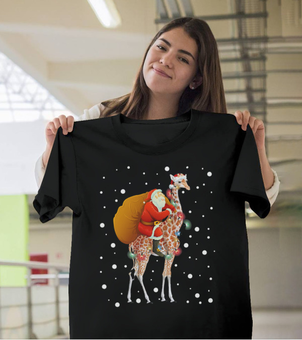 Santa Riding Giraffe Christmas Lights Holiday Snowflakes T-Shirt