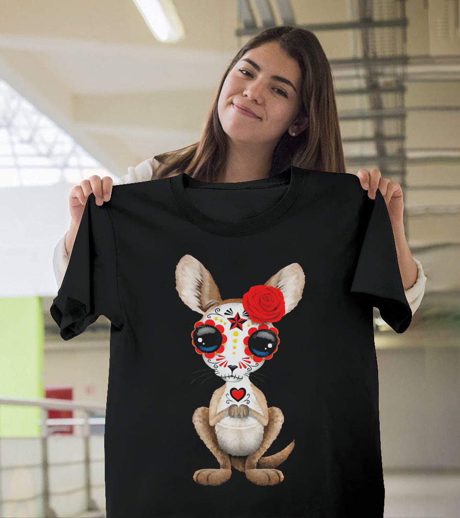 Sugar Skull Kangaroo Day of the Dead Red Rose T-Shirt