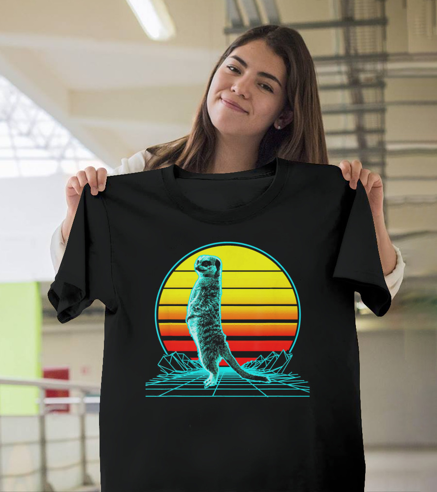 Retro Meerkat Vaporwave Neon Sun and Grid Landscape T-Shirt