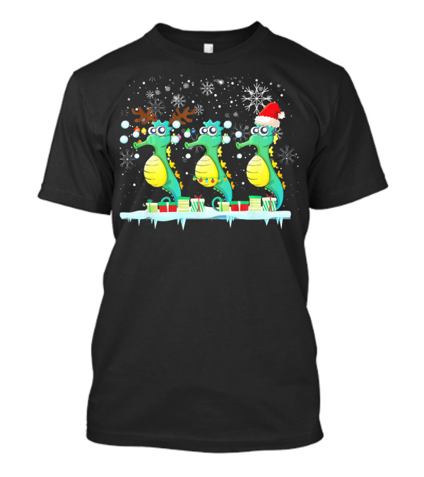 Seahorses With Christmas Lights Santa Hat Reindeer Antlers And Festive Presents T-Shirt
