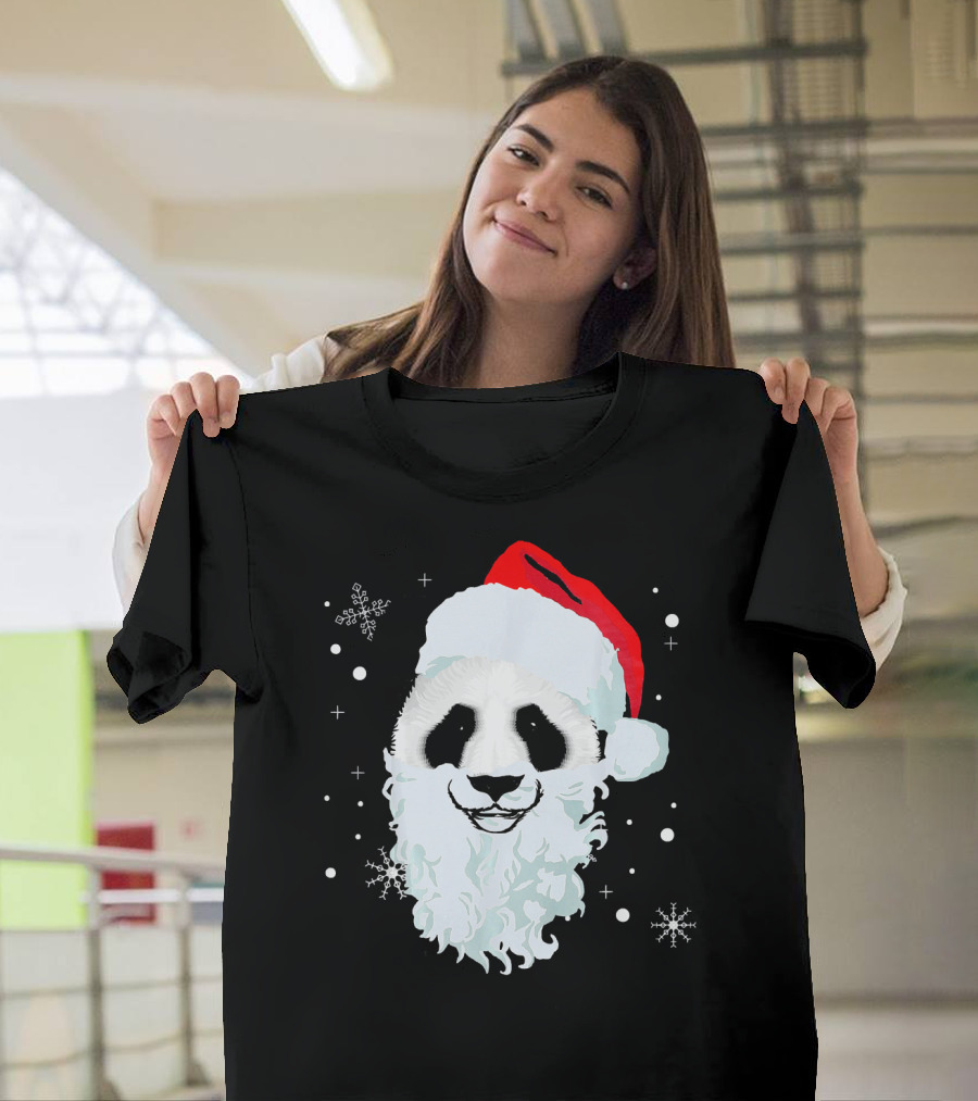 Ugly Xmas Panda with Santa Hat and Beard Snowflakes T-Shirt