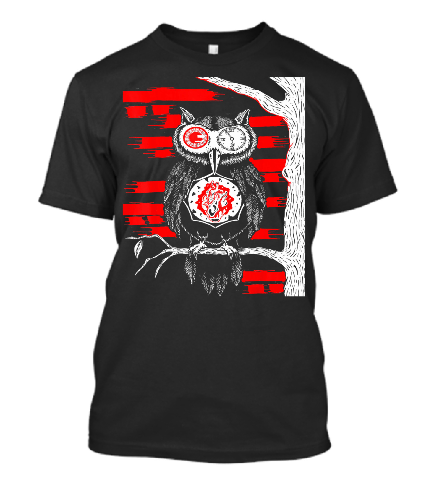 Trash Polka Steampunk Owl With Clock Eyes And Fiery Heart On Tree T-Shirt