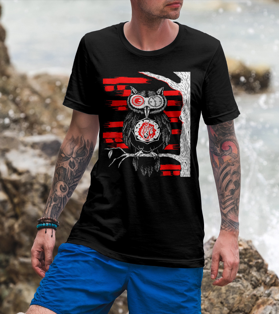 Trash Polka Steampunk Owl With Clock Eyes And Fiery Heart On Tree T-Shirt