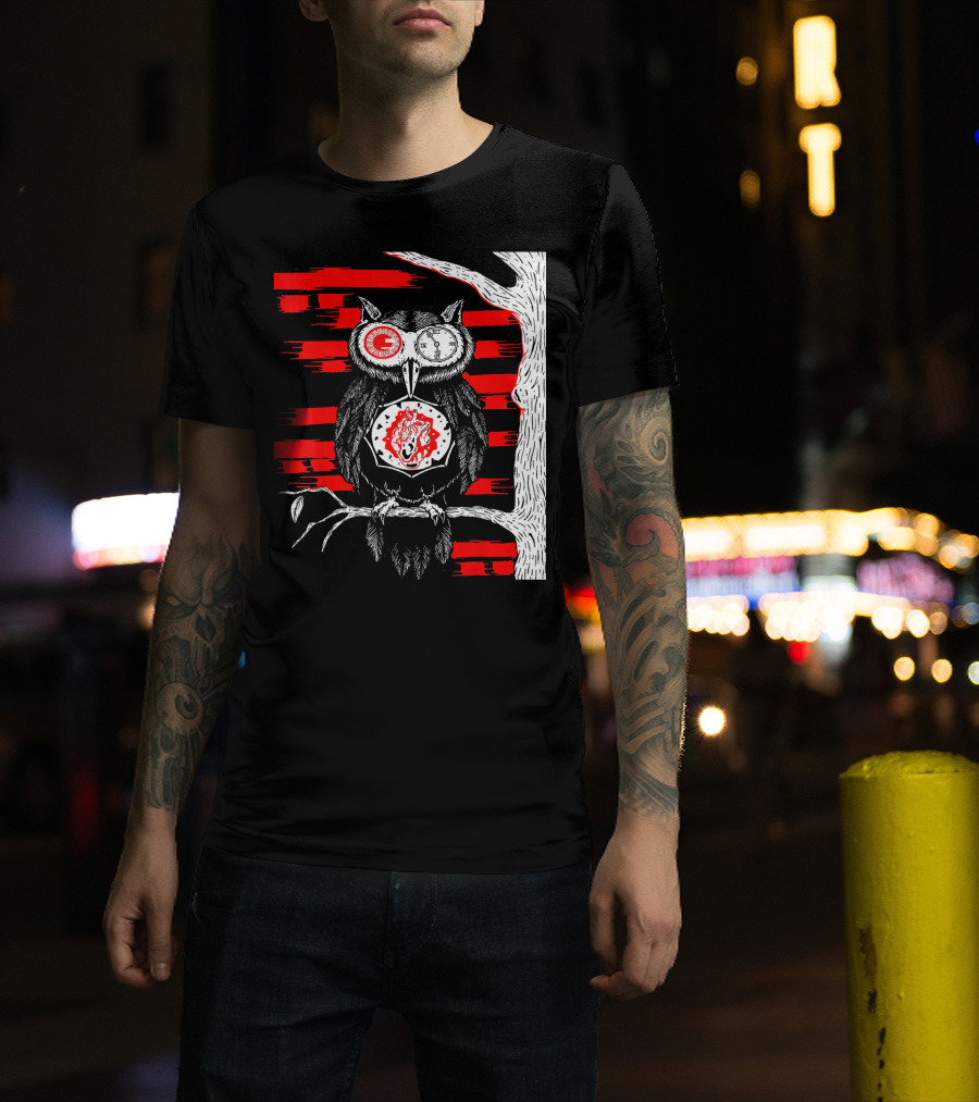 Trash Polka Steampunk Owl With Clock Eyes And Fiery Heart On Tree T-Shirt