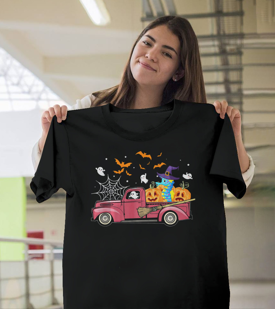 Seahorse in Witch Hat on Red Truck with Pumpkins and Ghosts Halloween Scene T-Shirt