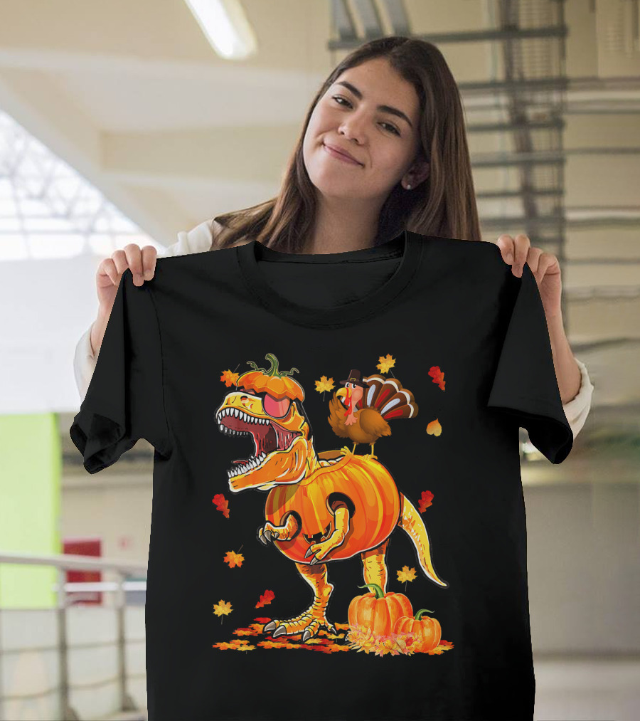 Dinosaur Pumpkin with Thanksgiving Turkey and Autumn Leaves T-Shirt