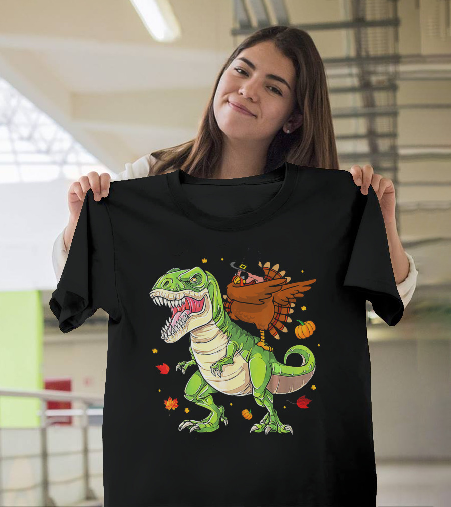Thanksgiving Turkey Dabbing on T-Rex with Autumn Leaves and Pumpkins T-Shirt