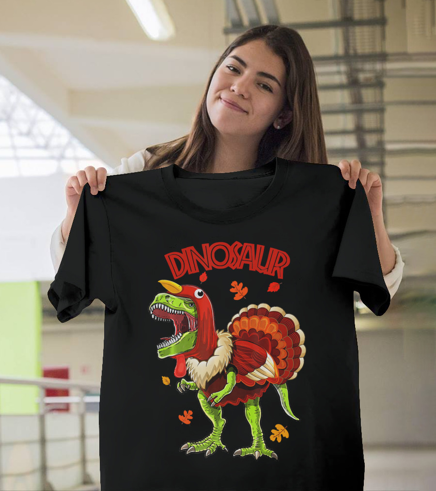 Dinosaur Turkey Thanksgiving Leaves T-Shirt