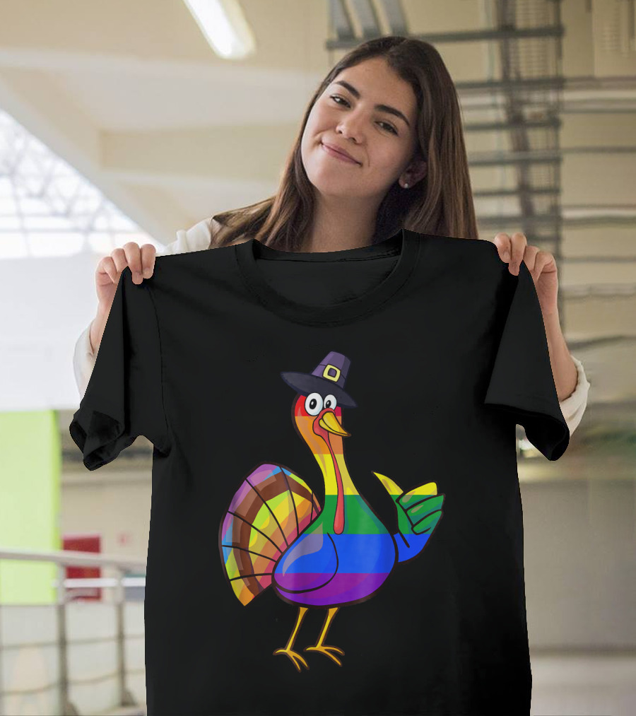 Cute Turkey Day Rainbow Pilgrim Hat T-Shirt