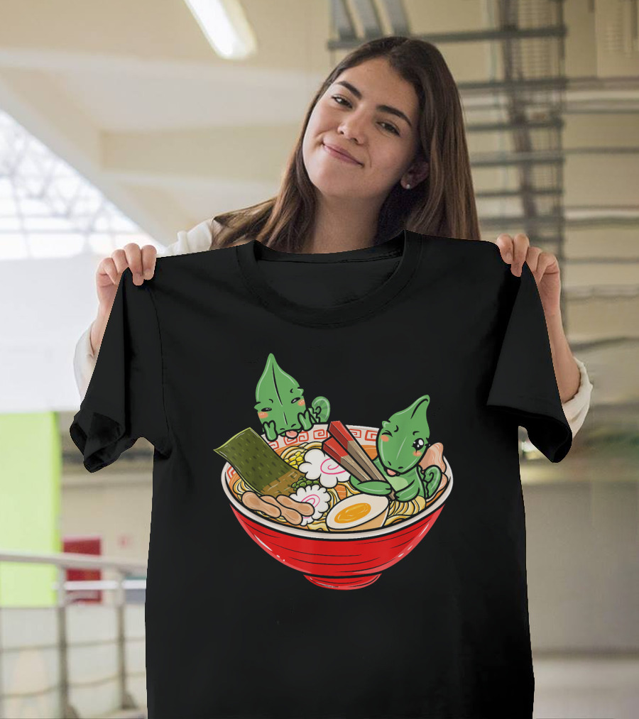 Chameleon Japanese Ramen Kawaii Funny Pe Accompanied by Cute Lizard Characters in Noodle Bowl T-Shirt