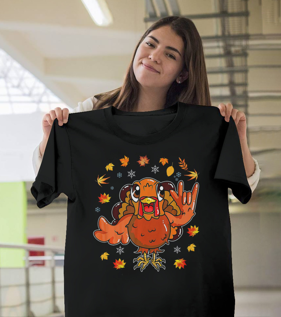 American Sign Language I Love You Thanksgiving Turkey with Autumn Leaves T-Shirt
