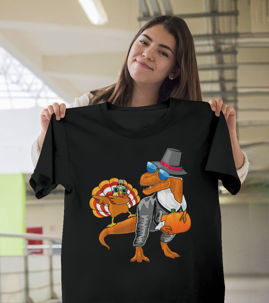 Dinosaur Rex Turkey Pilgrim Dabbing Thanksgiving Pumpkin T-Shirt