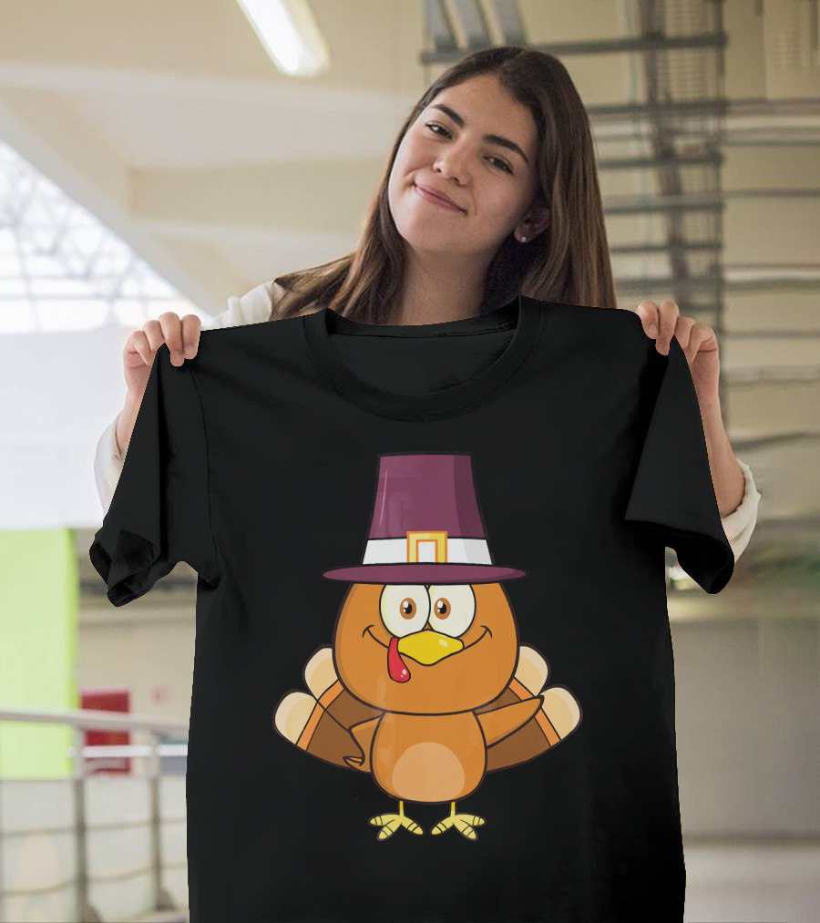 Thanksgiving Cute Turkey Pilgrim Cartoon Character T-Shirt