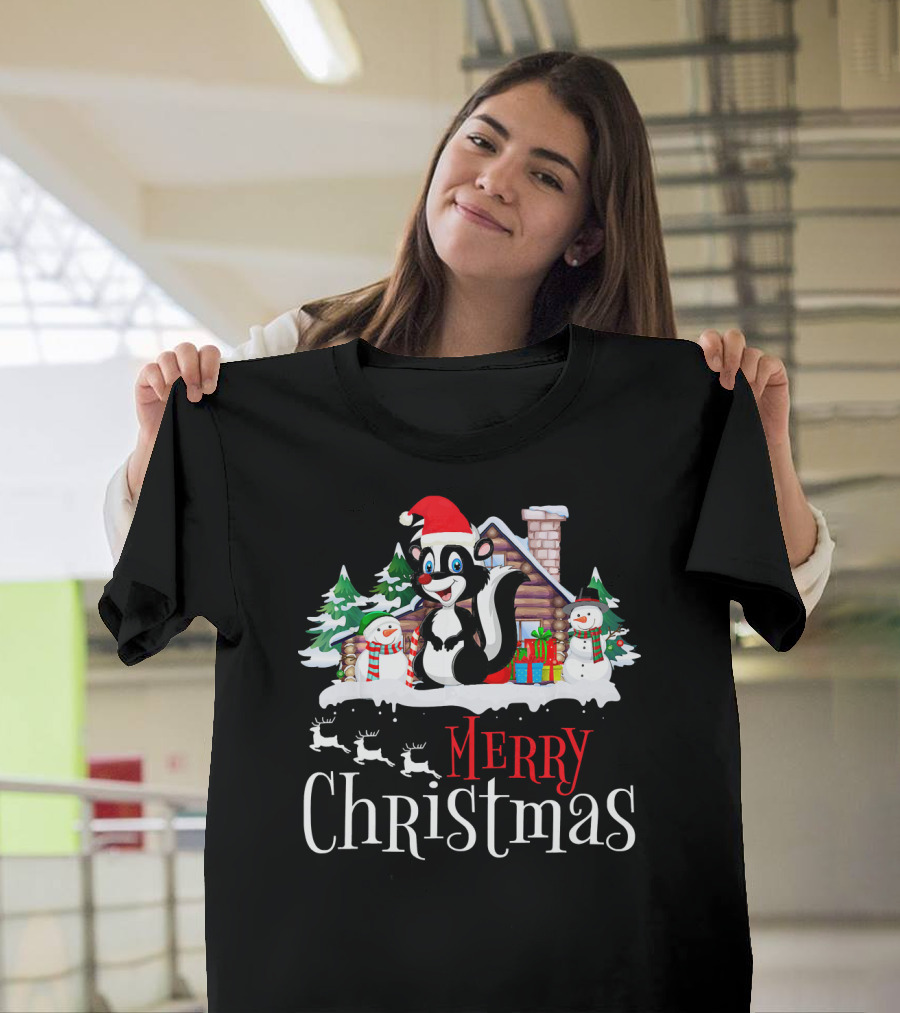 Merry Christmas Skunk with Snowmen and Santa Hat T-Shirt